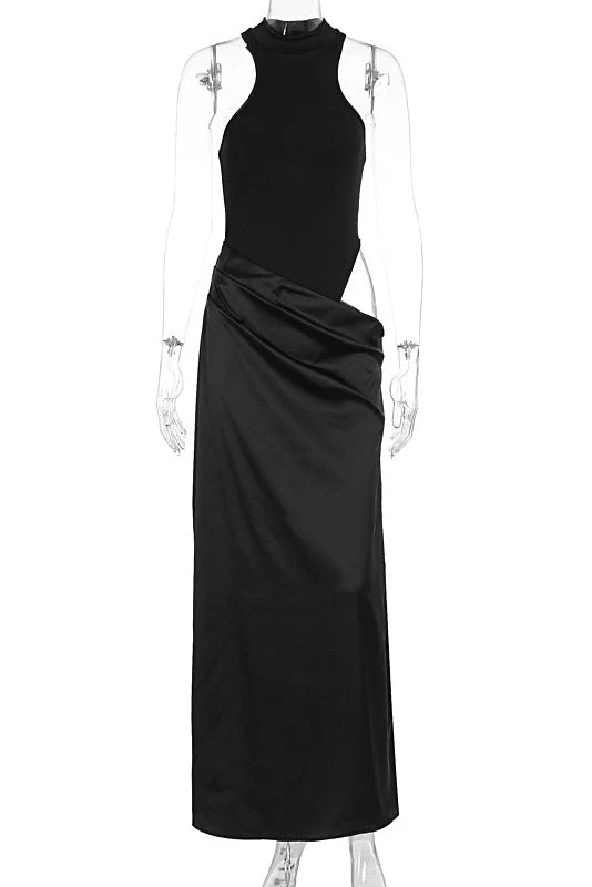 Black Halter Cut-out Ruched Fitted Long Dress - Image 2