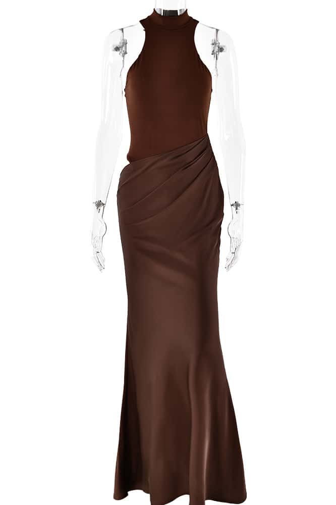 Black Halter Cut-out Ruched Fitted Long Dress - Image 3
