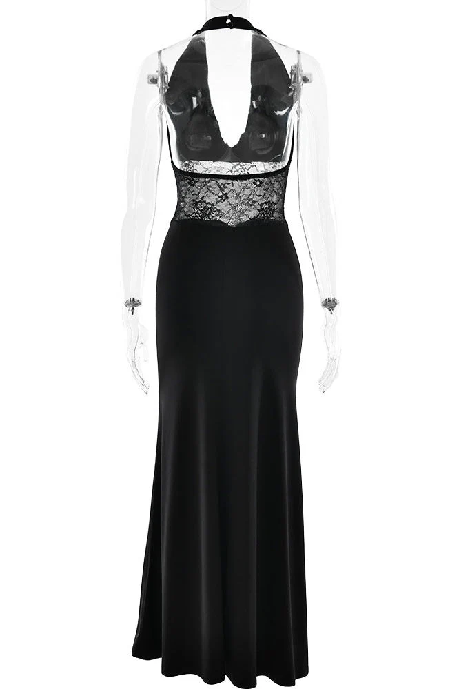 Black Halter Sheer Draped Long Dress - Image 3