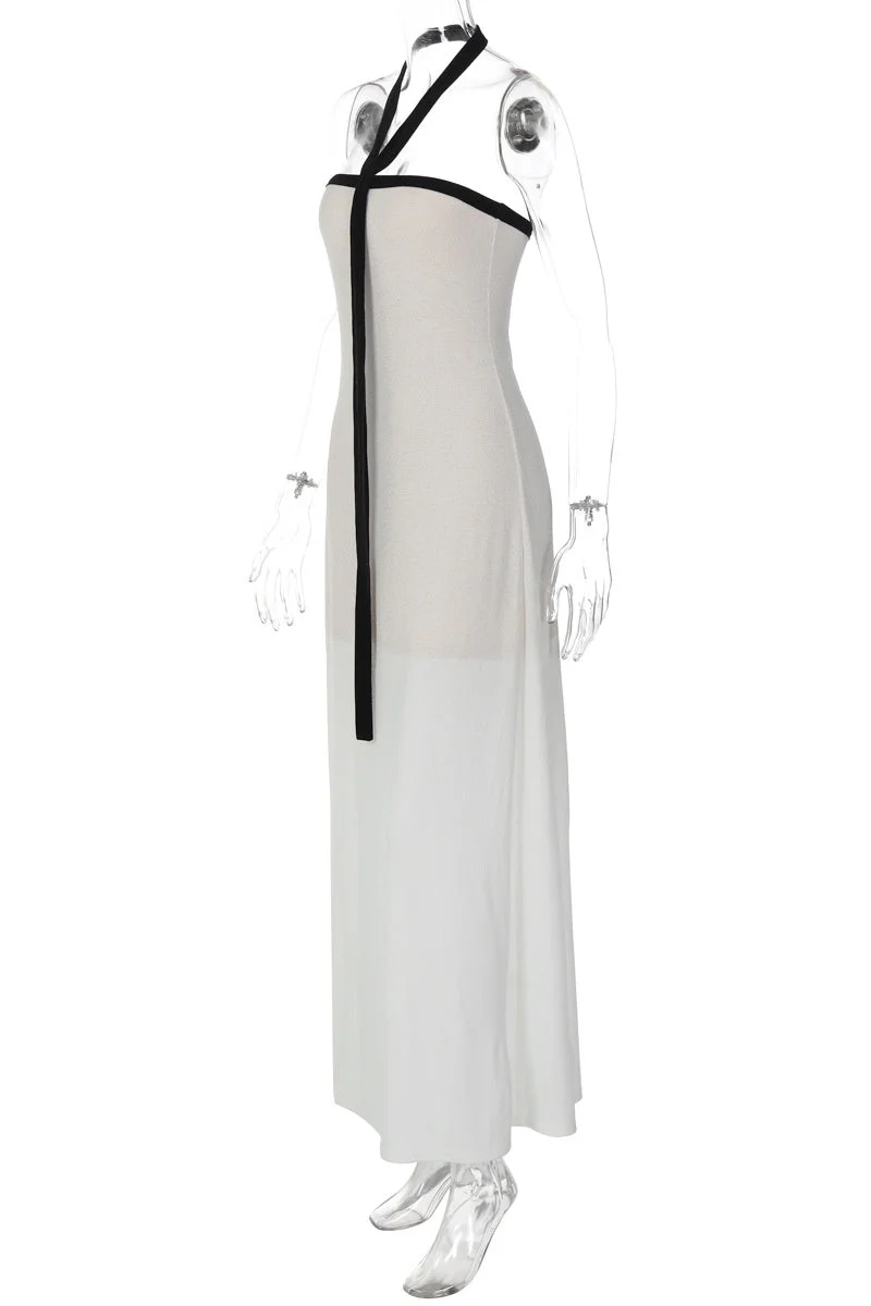 Black Halter White Chiffon Long Dress - Image 3