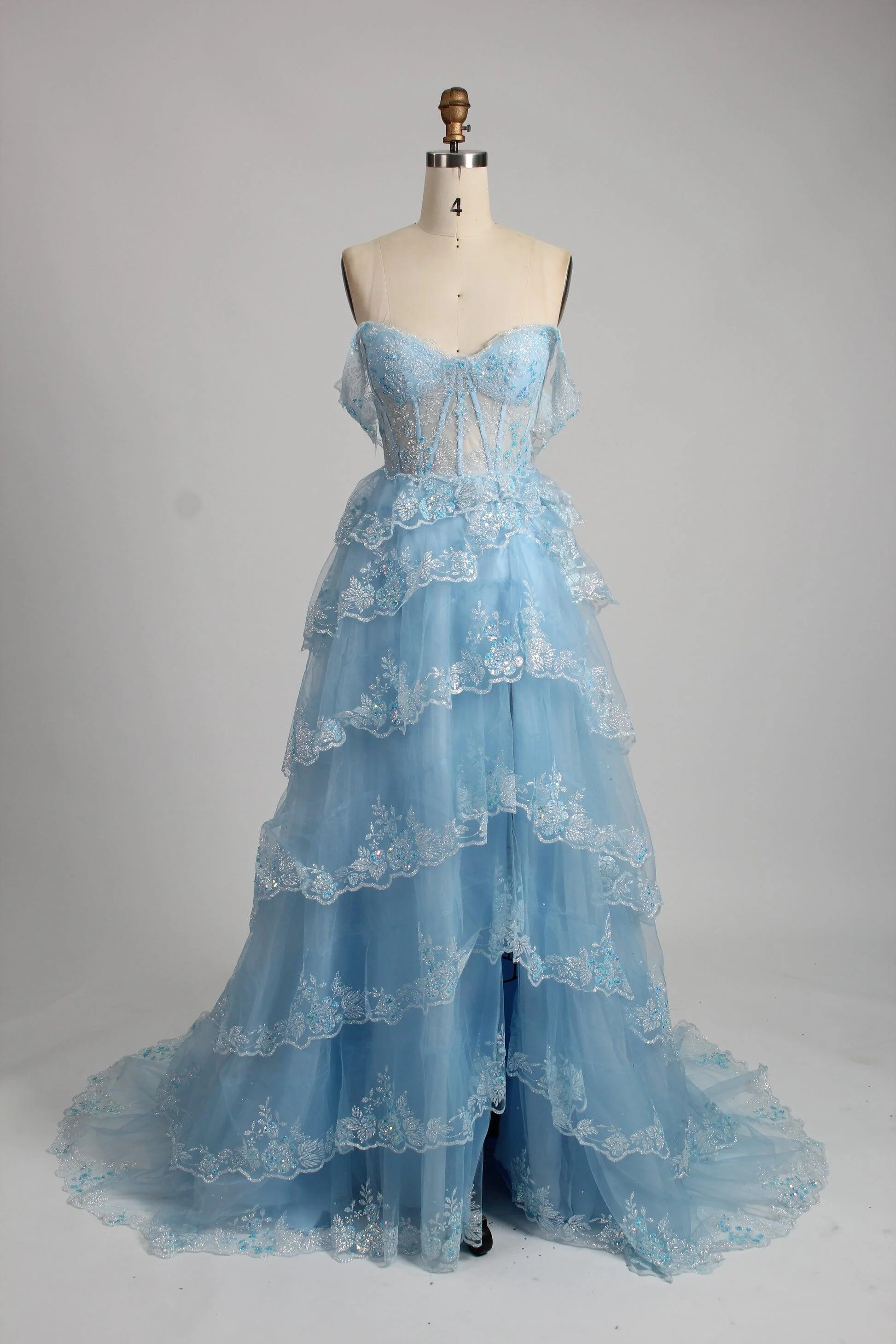 Black Lace Off the Shoulder Tiered Layers Long Formal Gown - Image 12