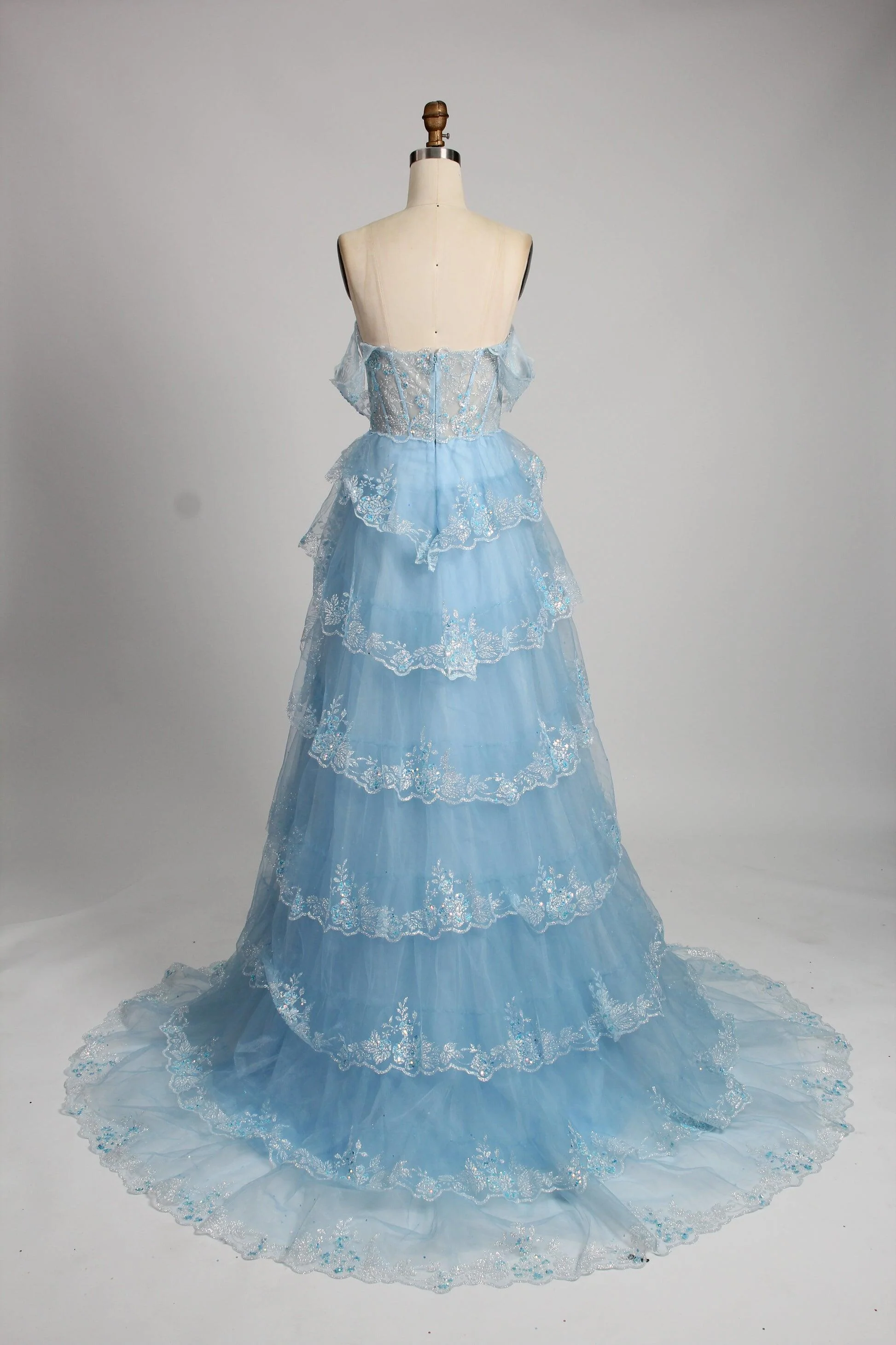 Black Lace Off the Shoulder Tiered Layers Long Formal Gown - Image 14