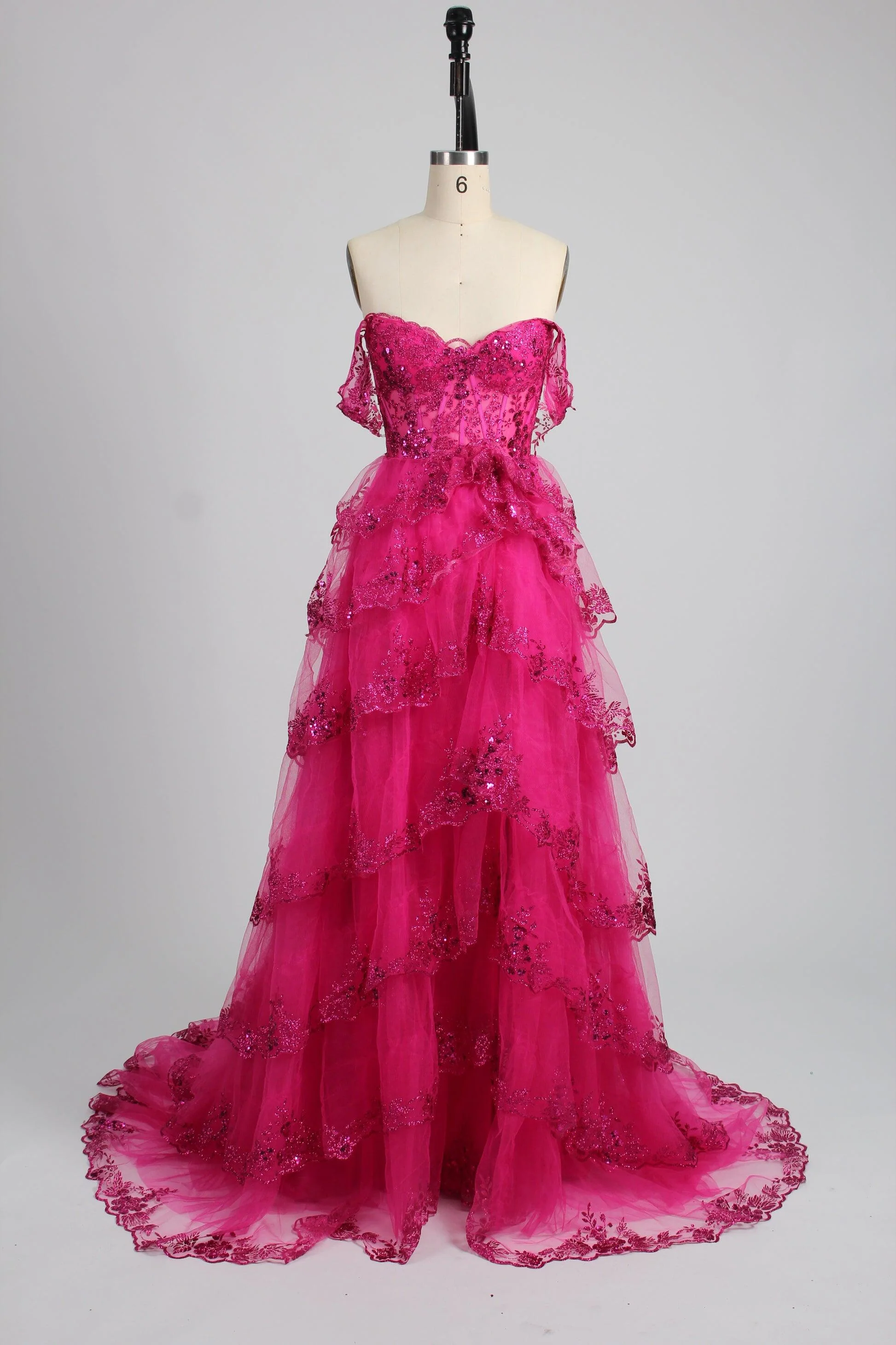 Black Lace Off the Shoulder Tiered Layers Long Formal Gown - Image 15