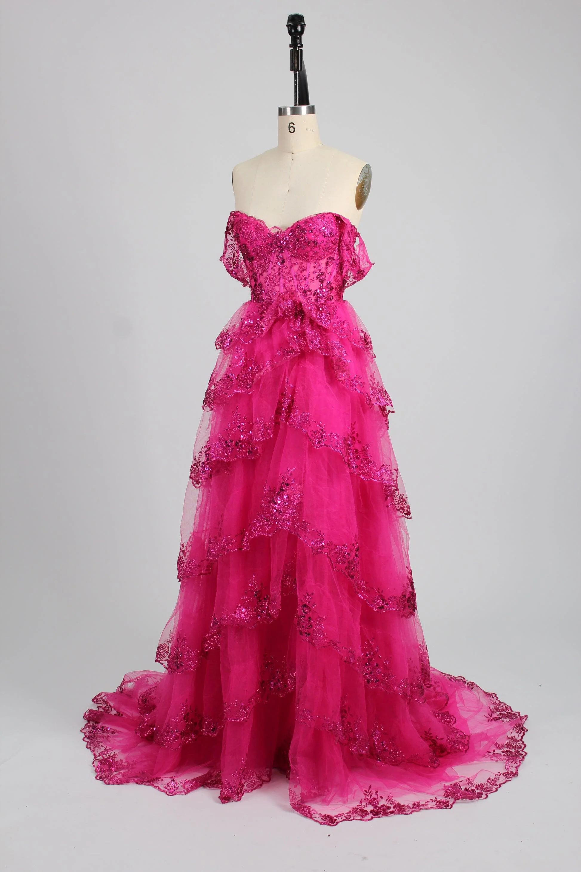 Black Lace Off the Shoulder Tiered Layers Long Formal Gown - Image 16