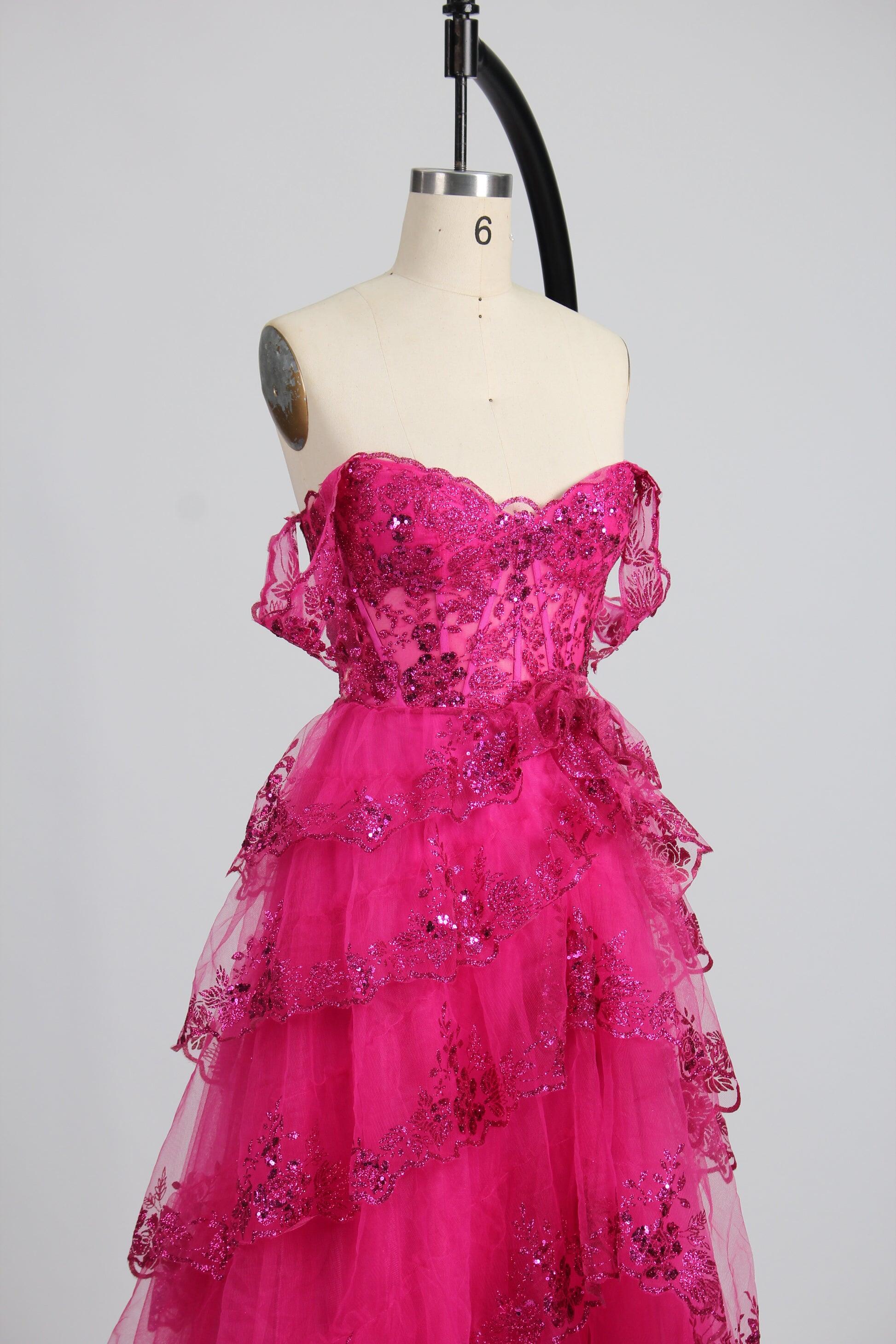 Black Lace Off the Shoulder Tiered Layers Long Formal Gown - Image 17