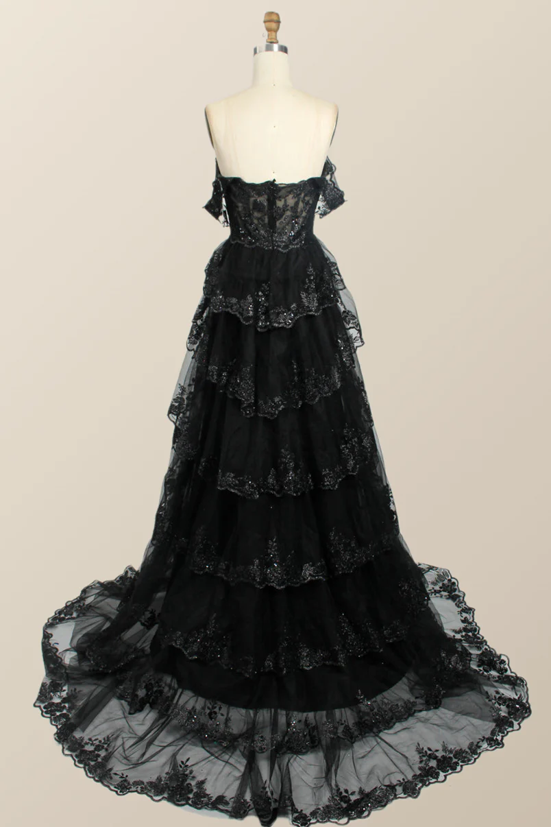 Black Lace Off the Shoulder Tiered Layers Long Formal Gown - Image 3