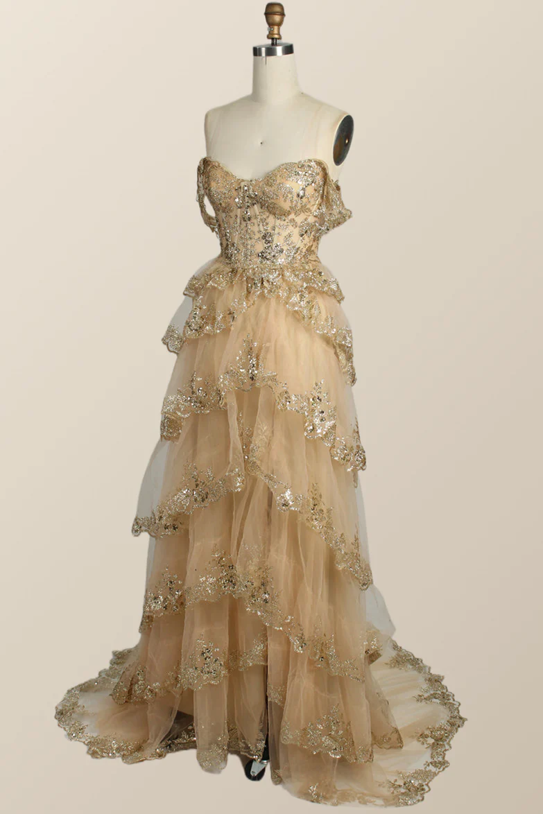 Black Lace Off the Shoulder Tiered Layers Long Formal Gown - Image 5