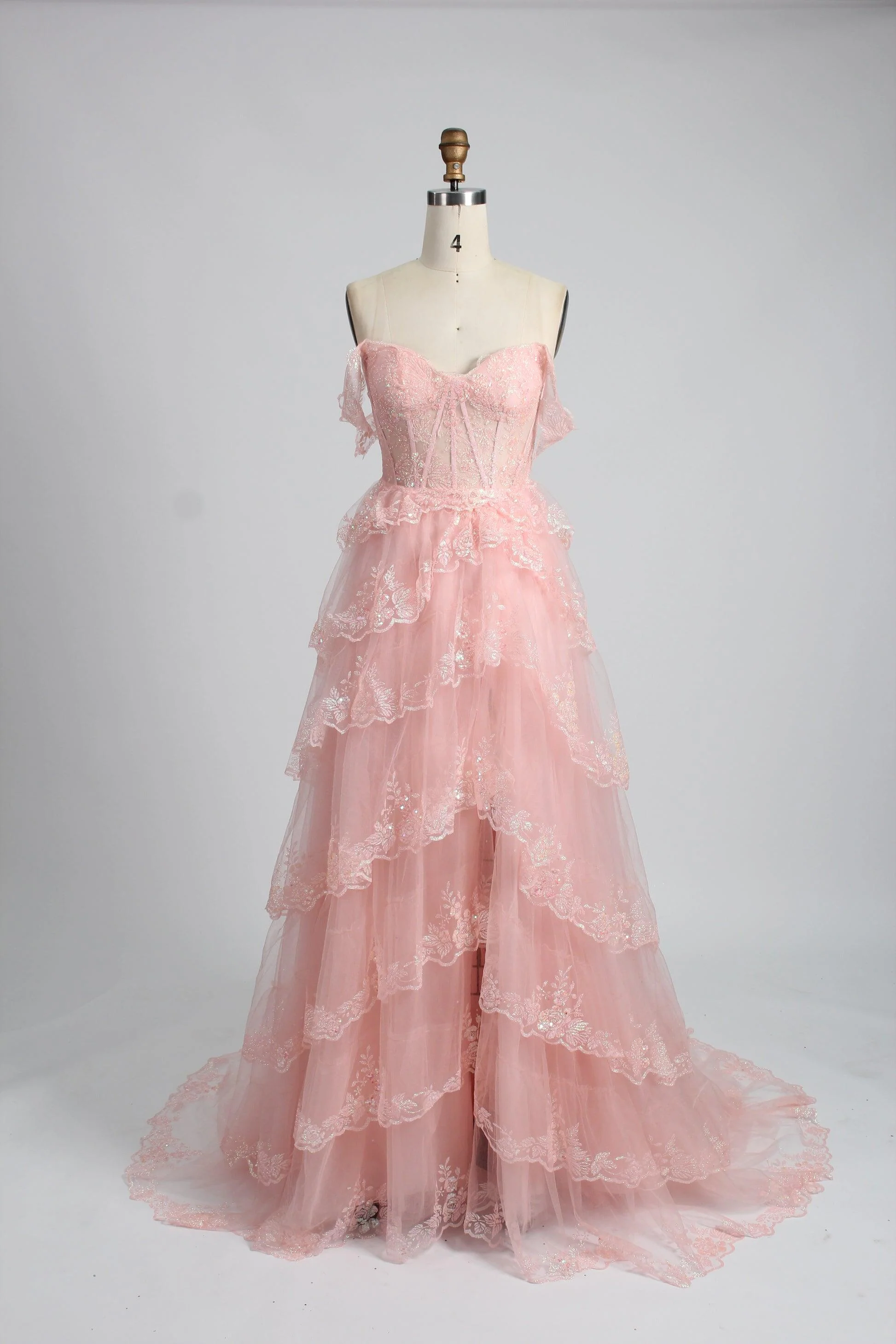 Black Lace Off the Shoulder Tiered Layers Long Formal Gown - Image 8