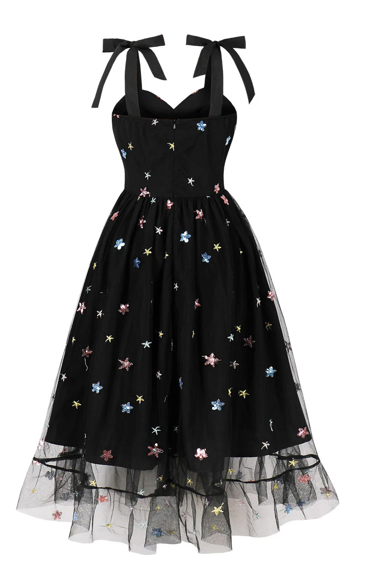 Black Mesh Short Dress with Sequin Stars - Image 2