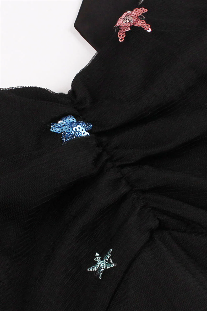 Black Mesh Short Dress with Sequin Stars - Image 4