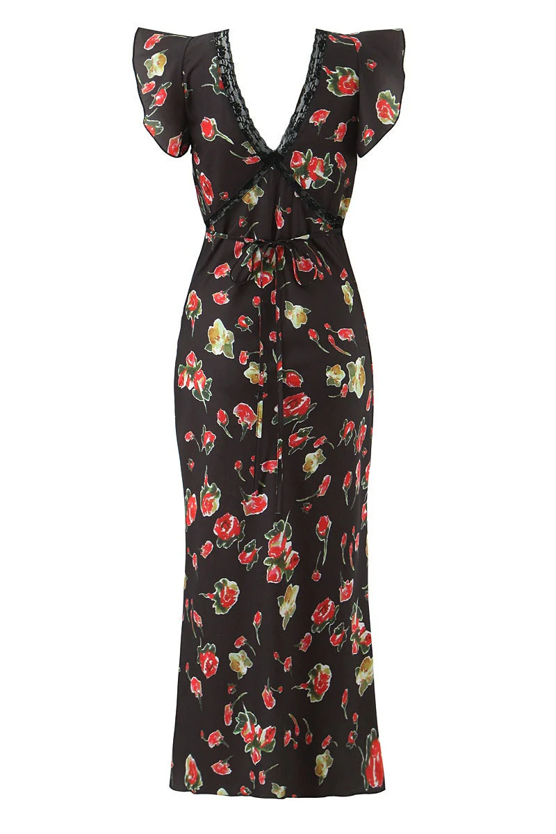 Black Printed V-Neck Long Dress with Lace Trim - Image 2