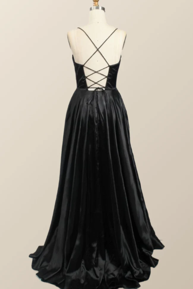 Black Satin A-line Cowl Neck Long Formal Dress - Image 3
