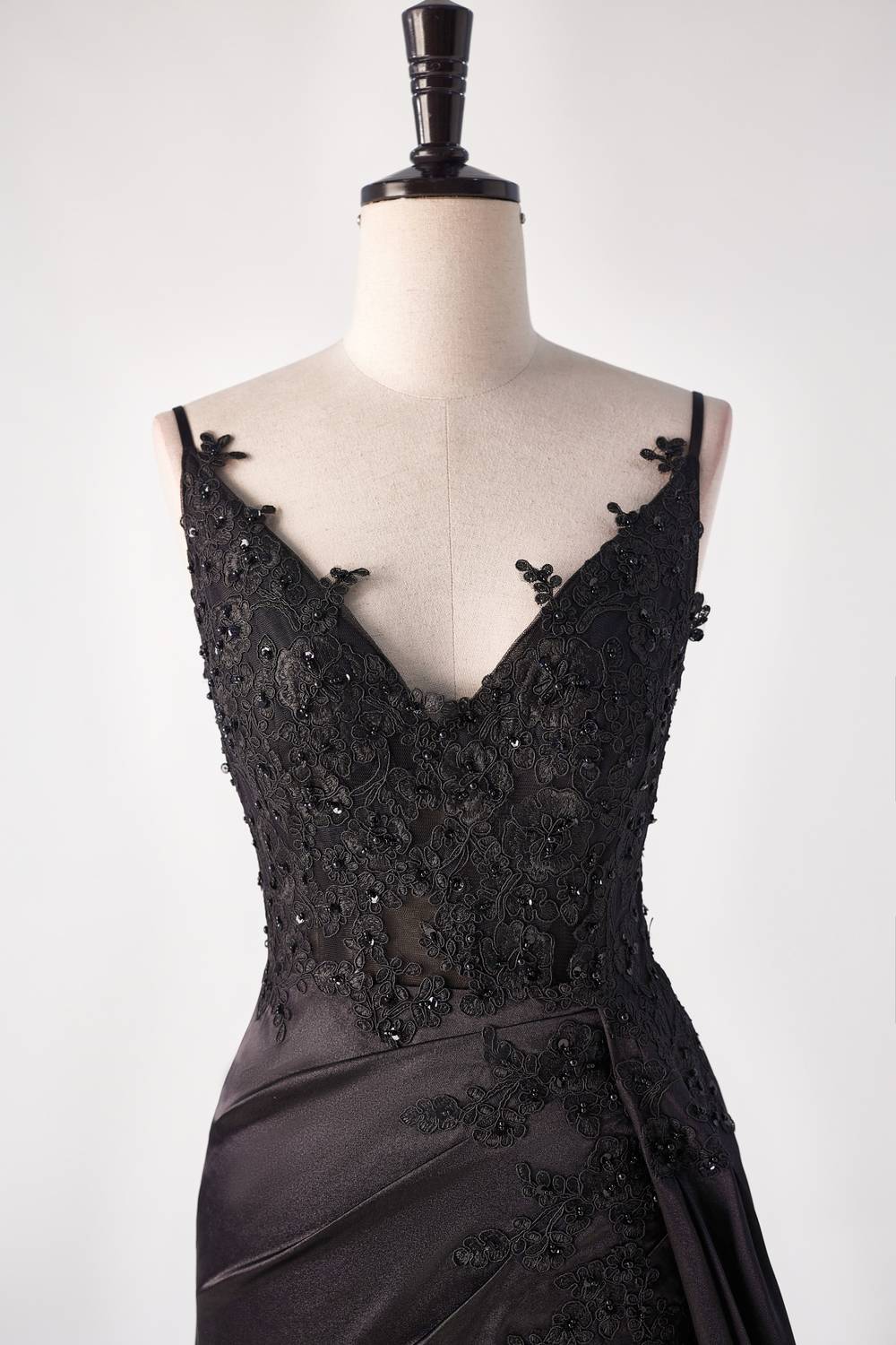 Black Satin Appliques Mermaid Long Dress with Slit - Image 3