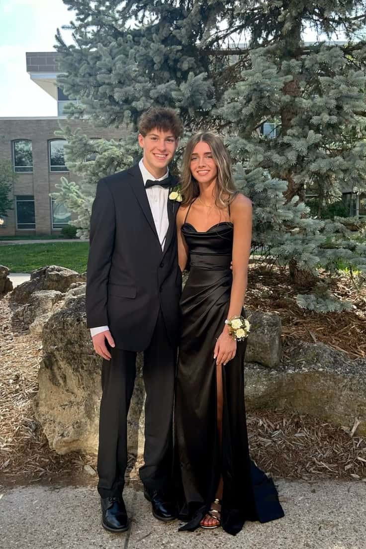 Black Satin Straps Ruched Fitted Prom Dress - Image 2