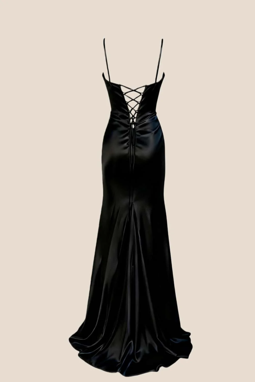 Black Satin Straps Ruched Fitted Prom Dress - Image 3