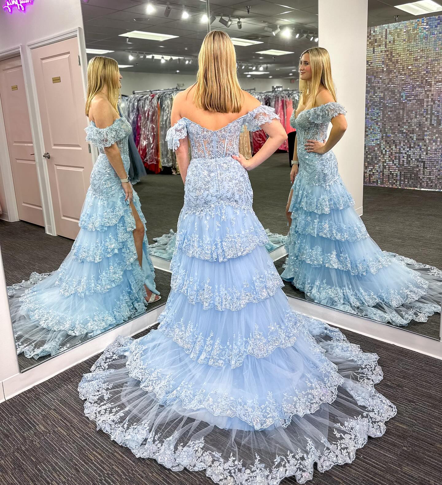 Black Sequin Tulle Mermaid Ruffles Long Prom Dress - Image 2