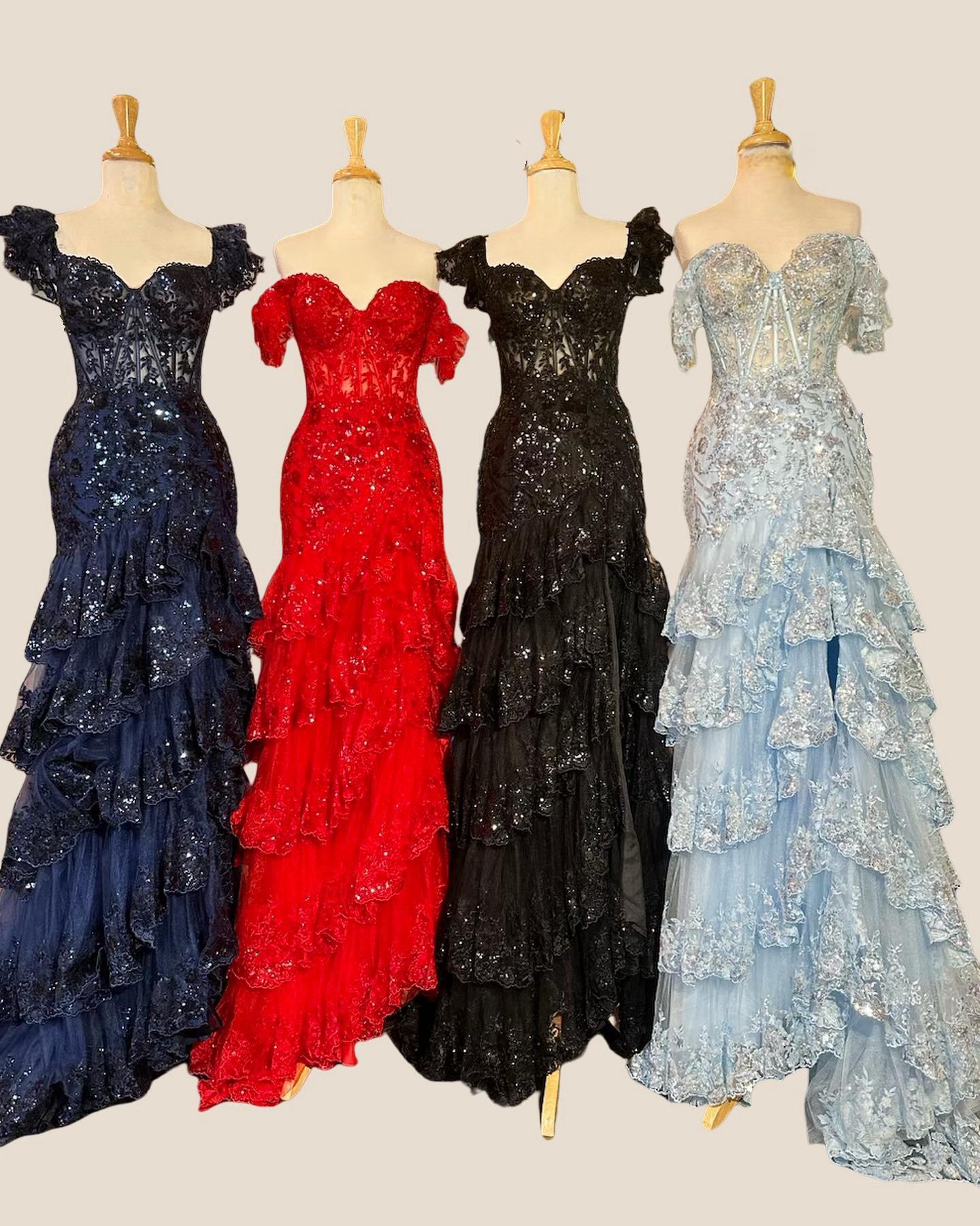 Black Sequin Tulle Mermaid Ruffles Long Prom Dress - Image 3