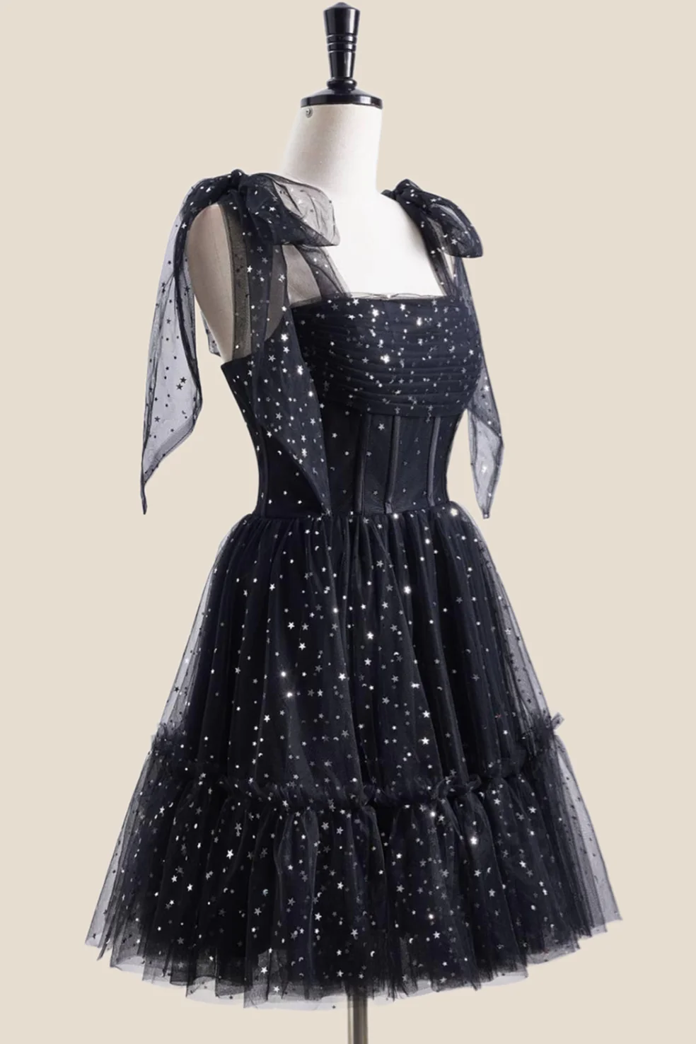 Black Sparkle Tulle Pleated Short Party Dress - Image 3