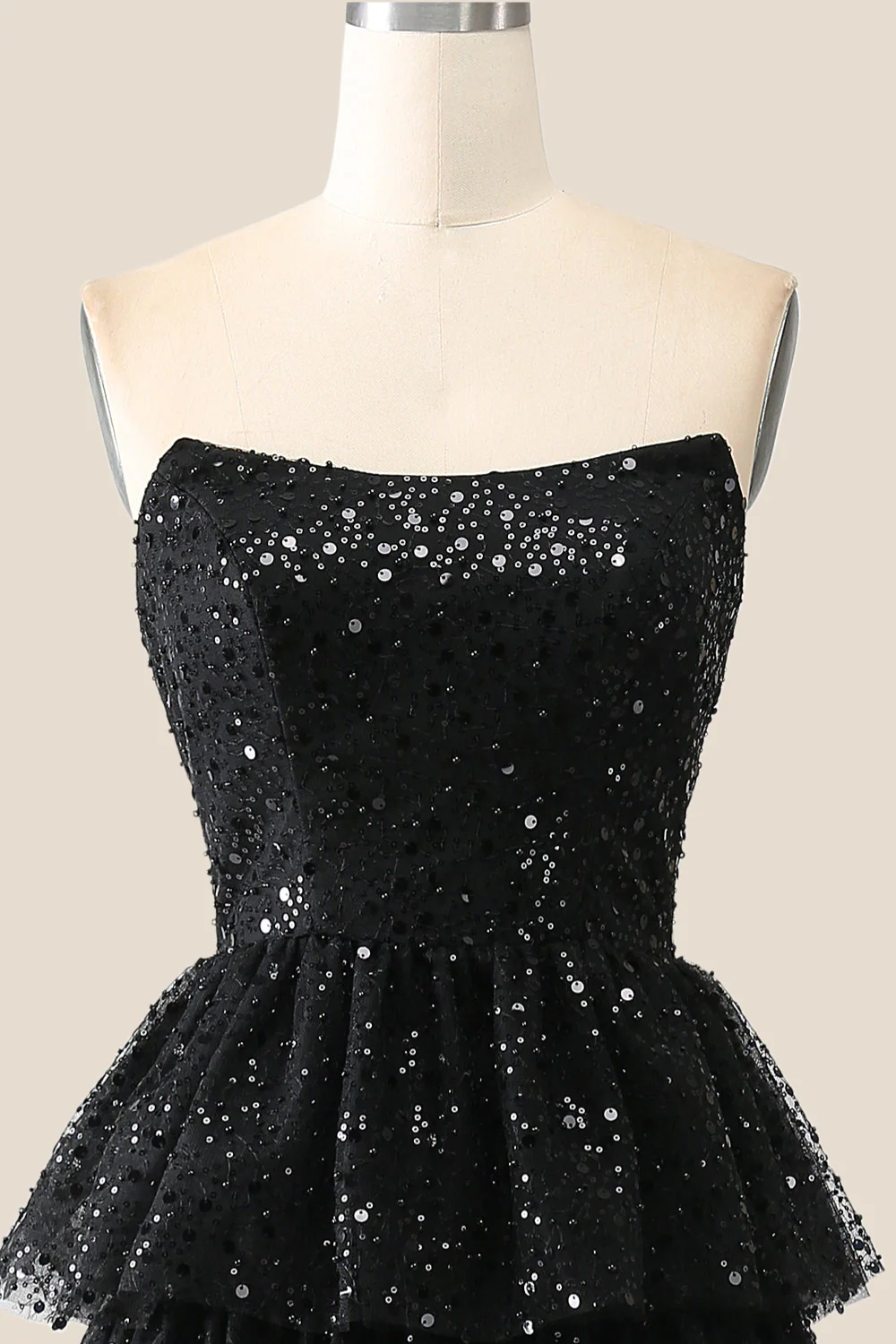 Black Sparkle Tulle Tiered Ruffles Gown - Image 4