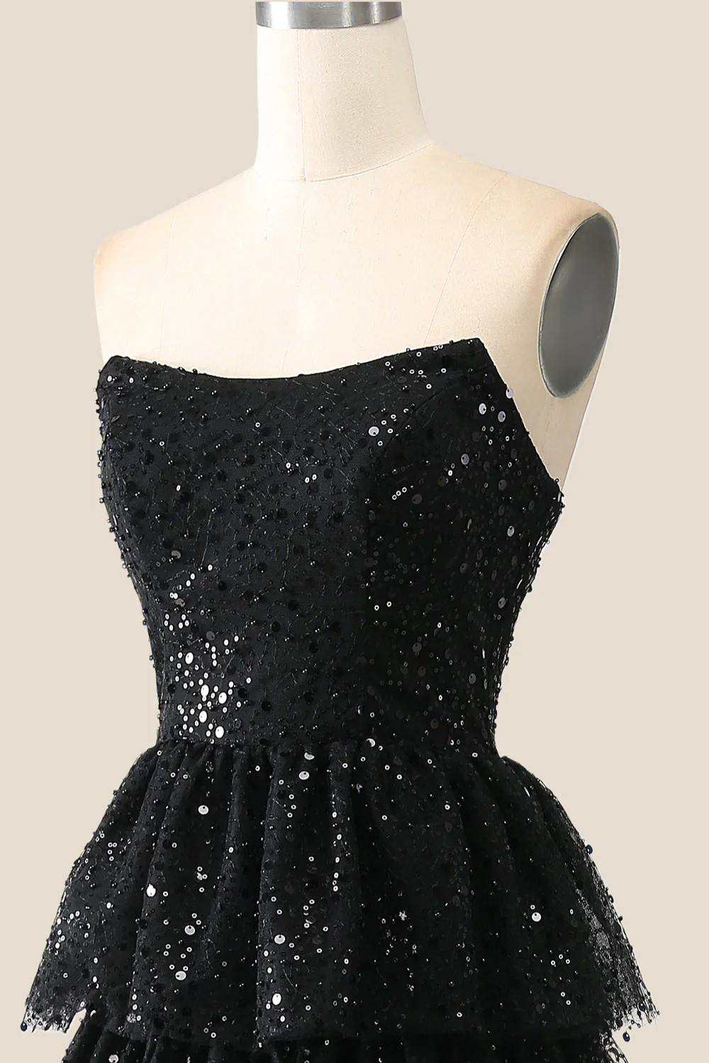 Black Sparkle Tulle Tiered Ruffles Gown - Image 6