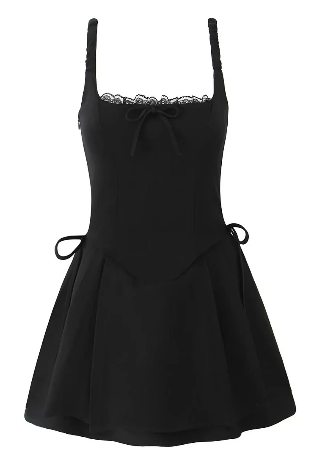 Black Square Lace Neck Bow Short Dress