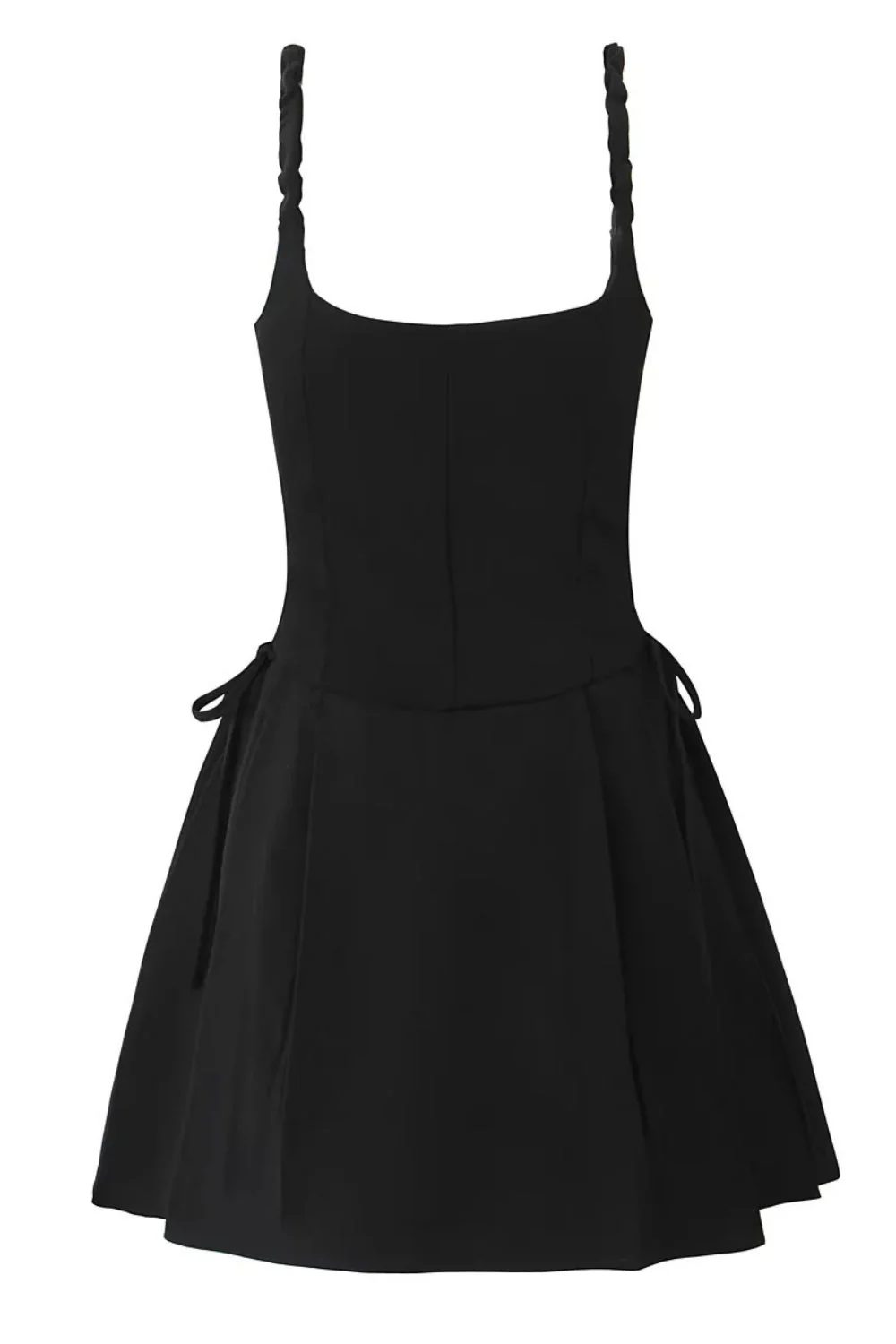 Black Square Lace Neck Bow Short Dress - Image 2