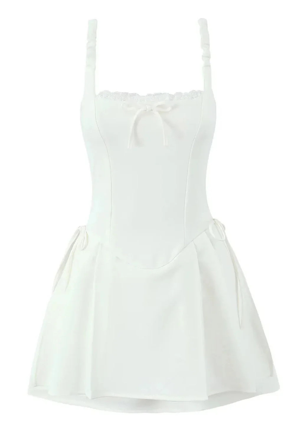 Black Square Lace Neck Bow Short Dress - Image 4