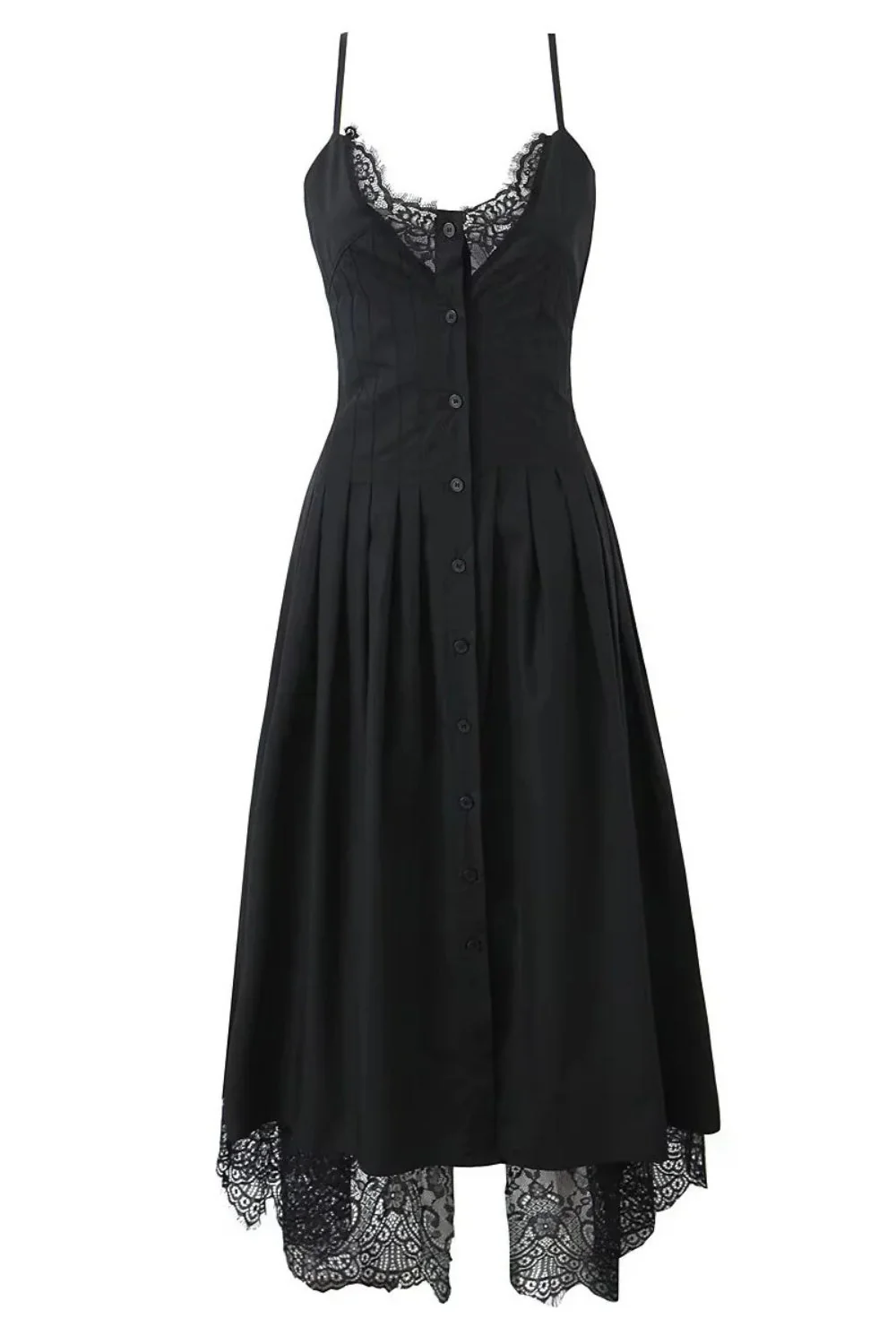 Black Straps Lace Stripe Button Long Party Dress