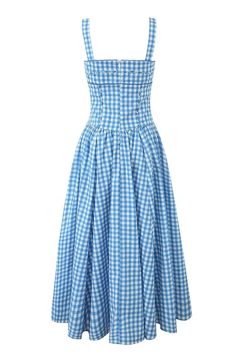 Blue and White Plaid Summer Dress with Pocket - Image 2