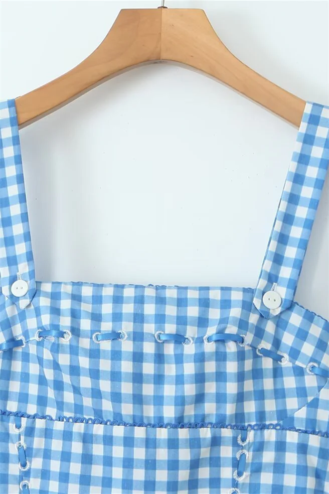 Blue and White Plaid Summer Dress with Pocket - Image 3