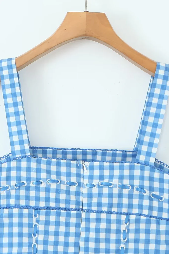 Blue and White Plaid Summer Dress with Pocket - Image 4