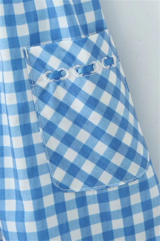 Blue and White Plaid Summer Dress with Pocket - Image 8