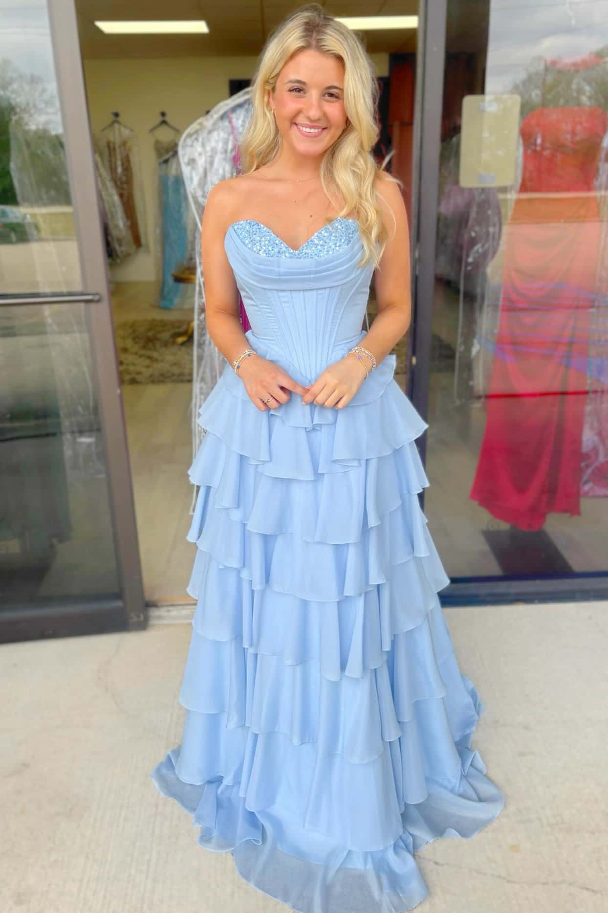 Blue Beaded Corset Chiffon Ruffle Prom Gown - Image 2