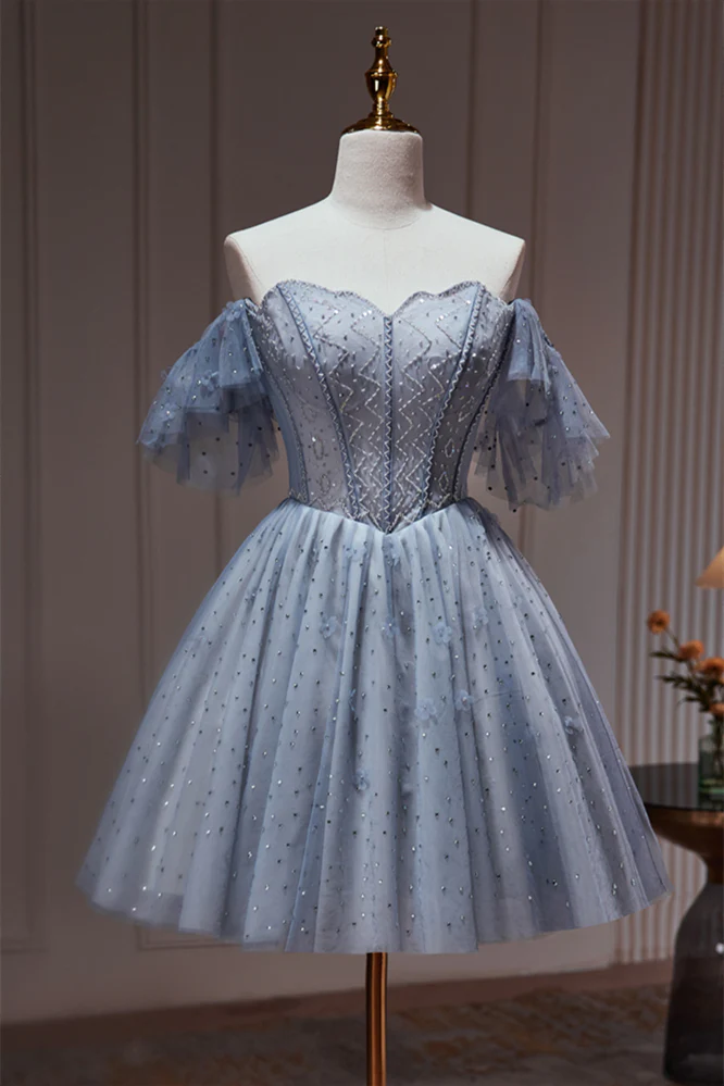 Grey Beaded Off the Shoulder Corset Princess Dress