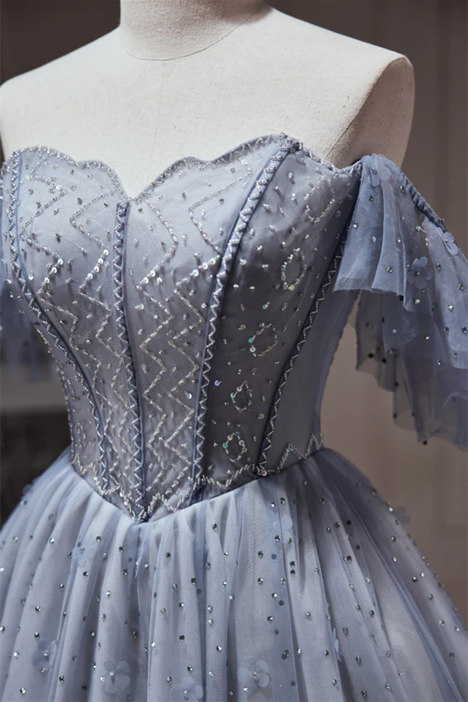 Grey Beaded Off the Shoulder Corset Princess Dress - Image 2