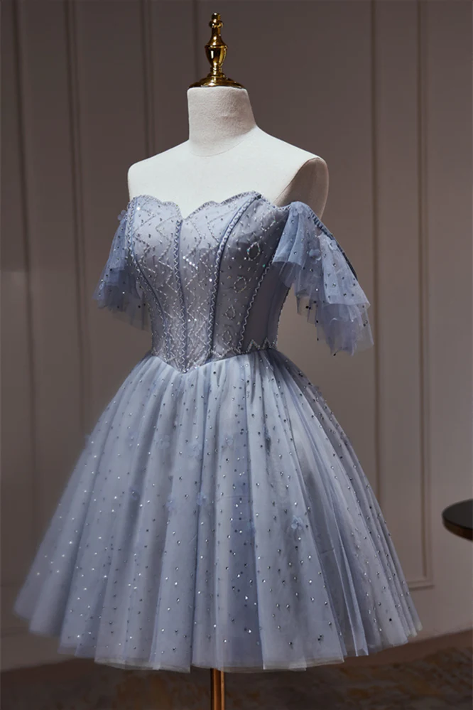 Grey Beaded Off the Shoulder Corset Princess Dress - Image 3