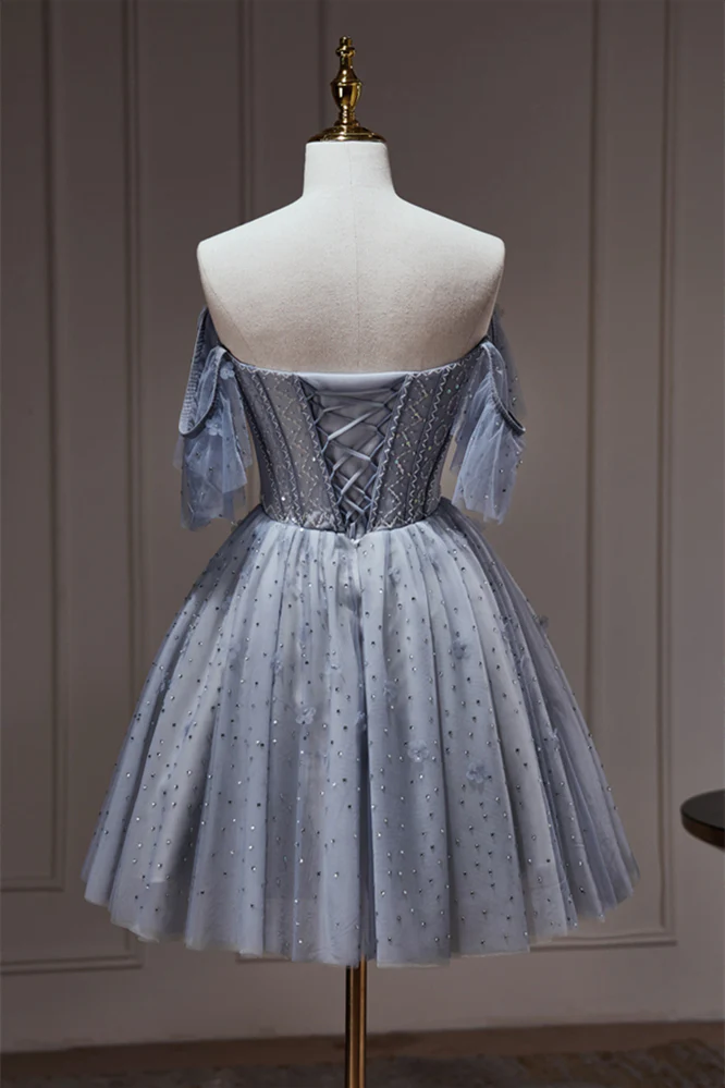 Grey Beaded Off the Shoulder Corset Princess Dress - Image 4