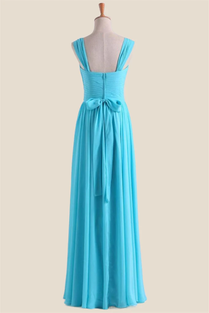 Blue Chiffon Pleated A-line Long Bridesmaid Dress - Image 2
