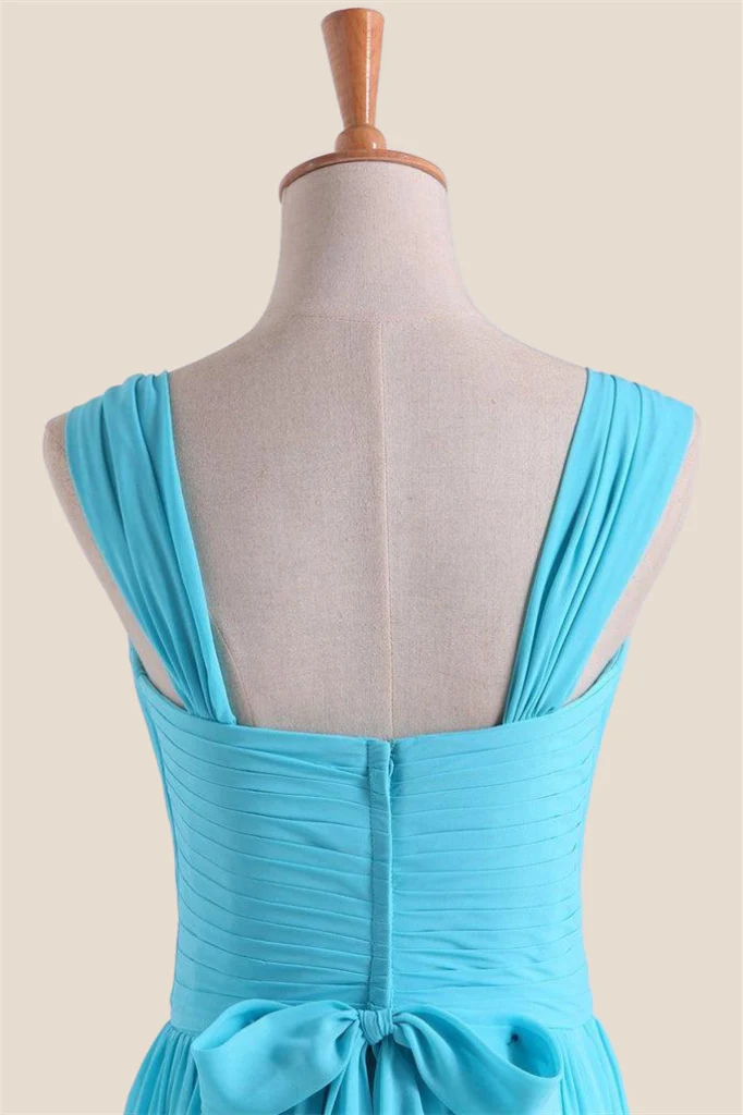 Blue Chiffon Pleated A-line Long Bridesmaid Dress - Image 4