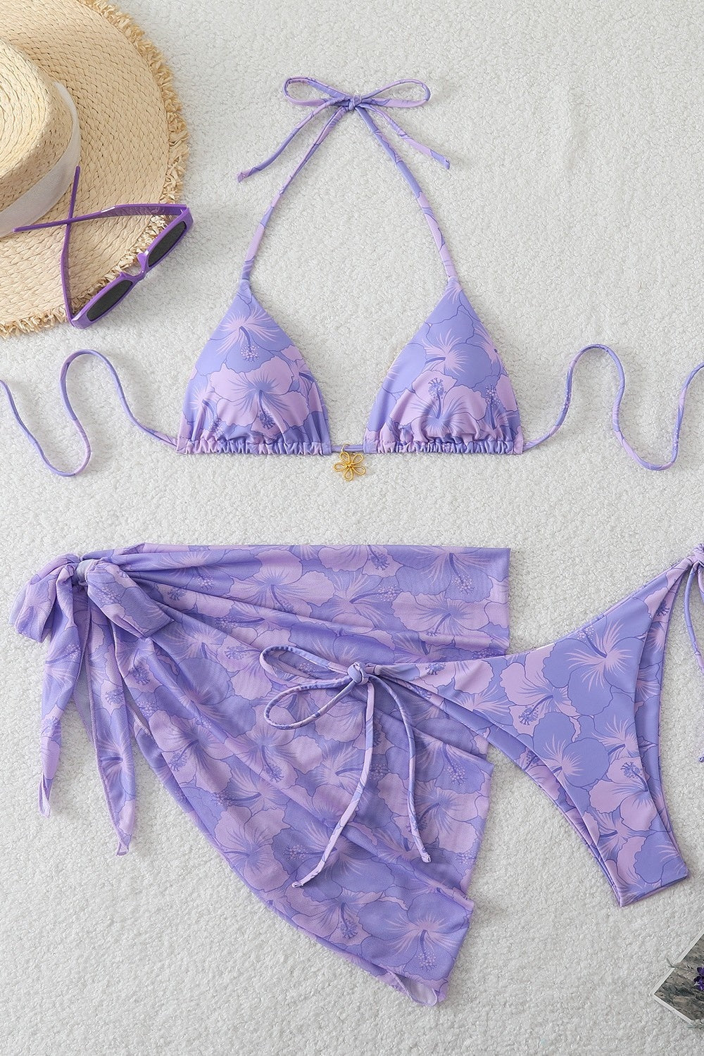 Blue Chiffon Print Three-Piece Bikini Set - Image 6
