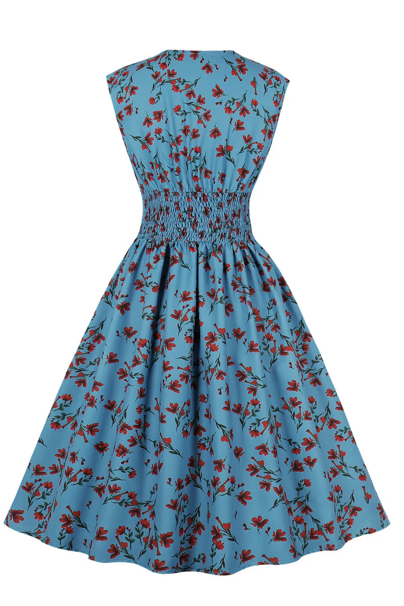 Blue Floral Empire Strapless Swing Dress with Buttons - Image 2