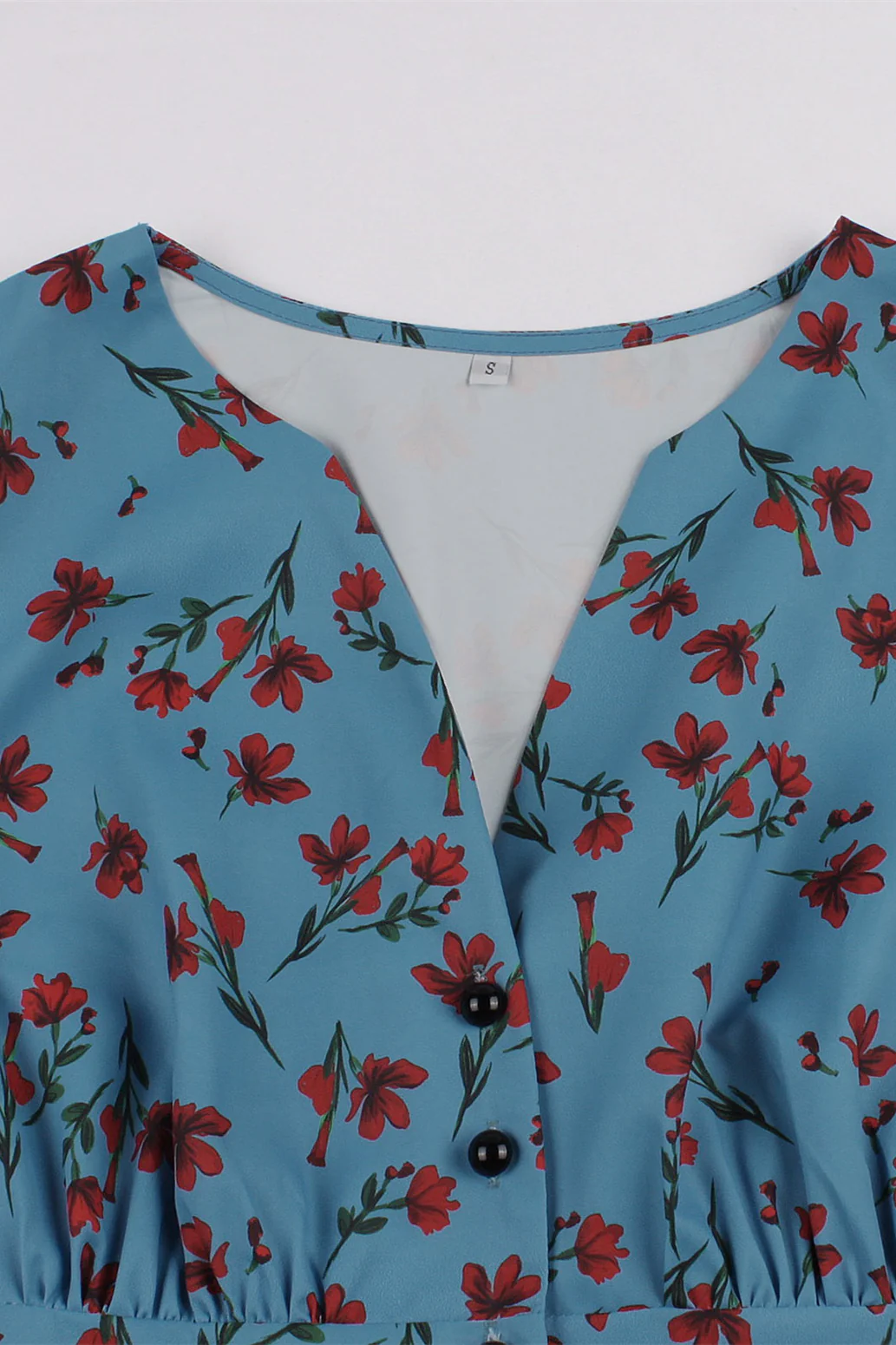 Blue Floral Empire Strapless Swing Dress with Buttons - Image 3