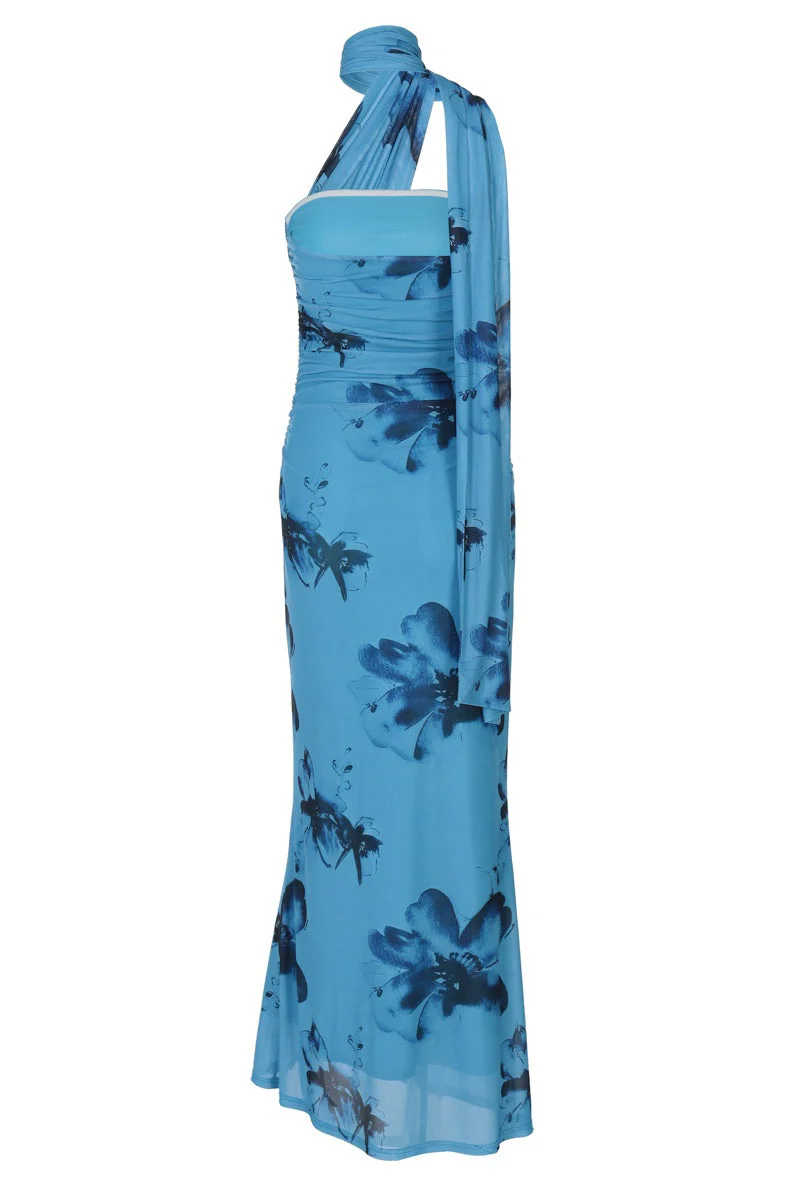 Blue Floral Halter Fitted Long Dress - Image 2