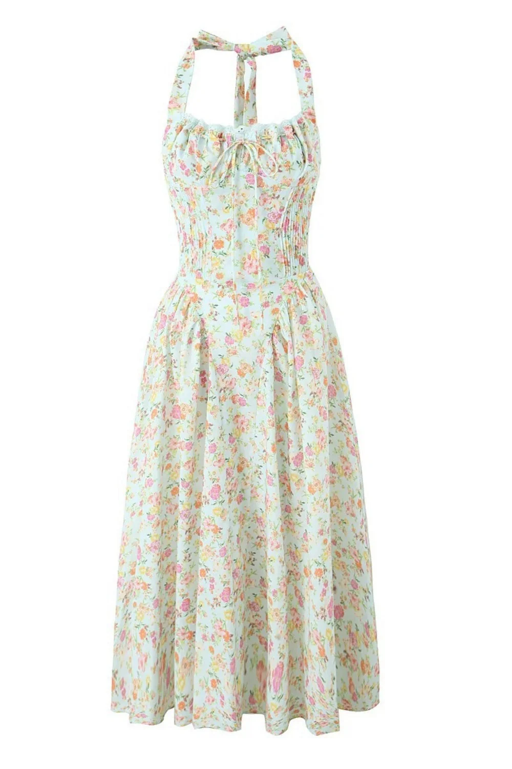 Blue Floral Halter Ruched Bow Long Dress - Image 3