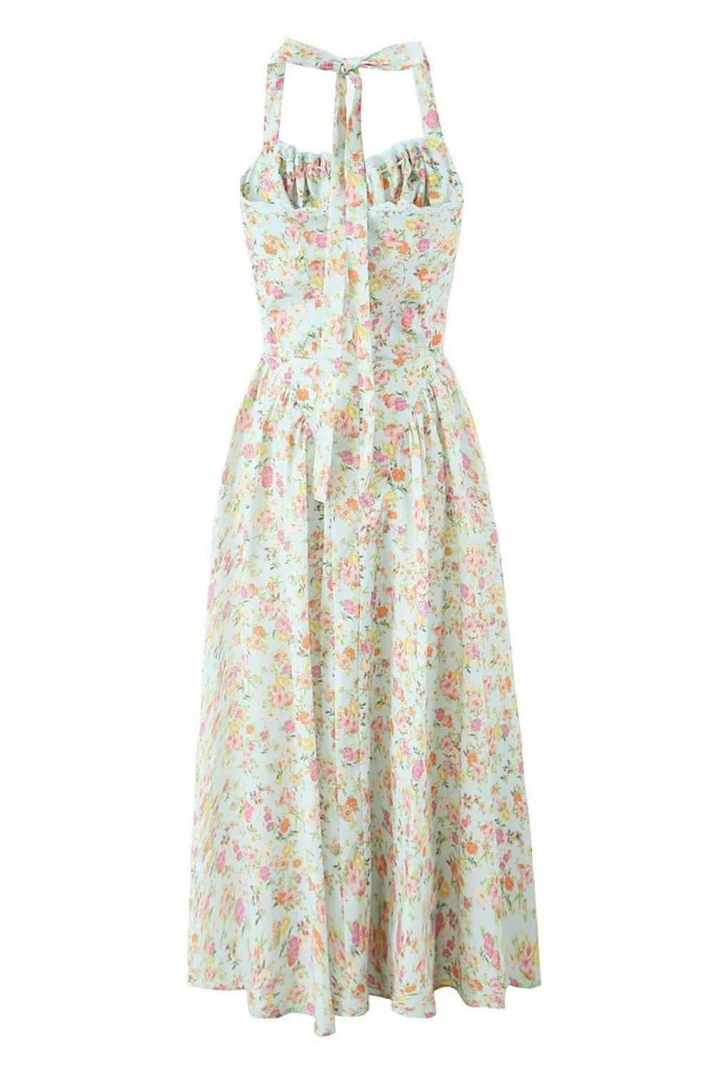Blue Floral Halter Ruched Bow Long Dress - Image 4