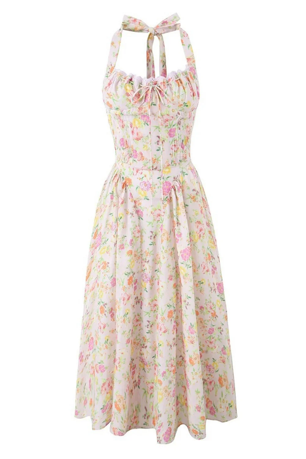 Blue Floral Halter Ruched Bow Long Dress - Image 5