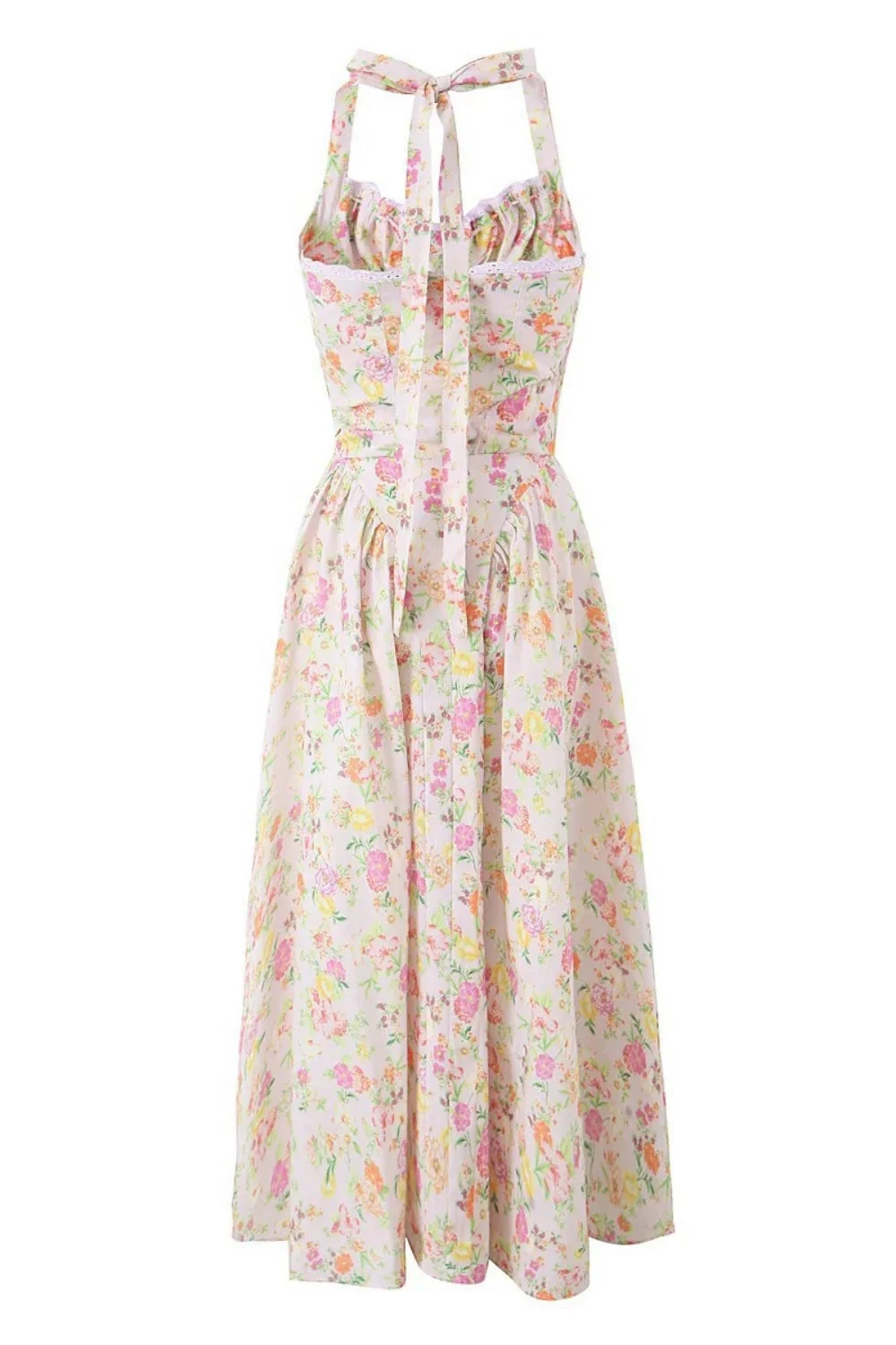 Blue Floral Halter Ruched Bow Long Dress - Image 6