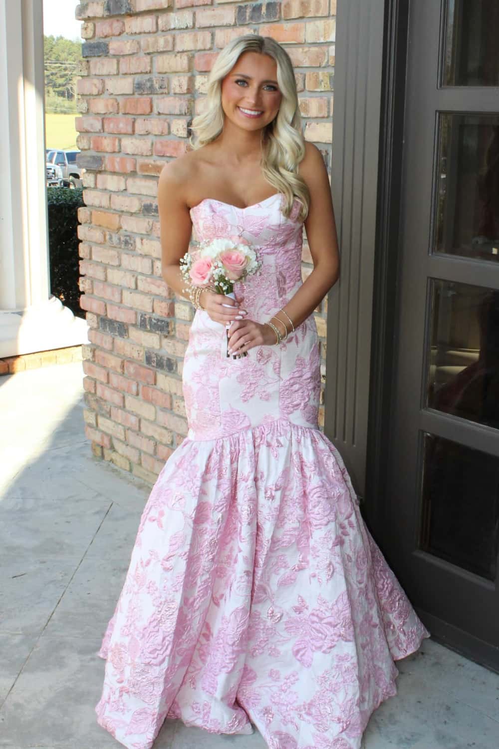 Blue Floral Jacquard Mermaid Long Prom Dress - Image 3