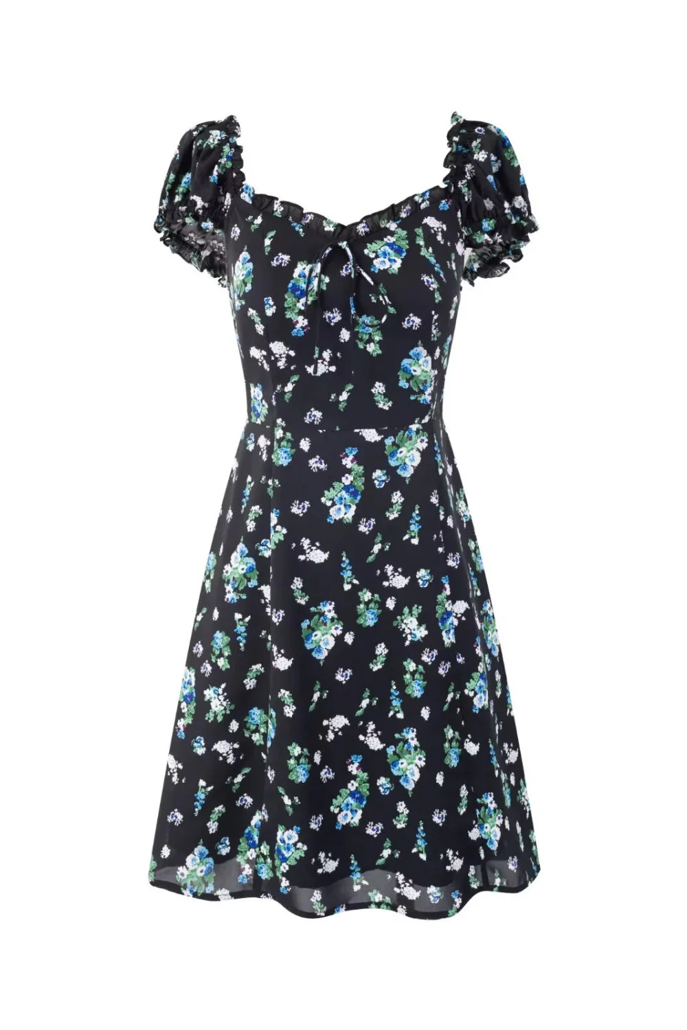 Blue Floral Puff Sleeves Bow Long Dress - Image 4