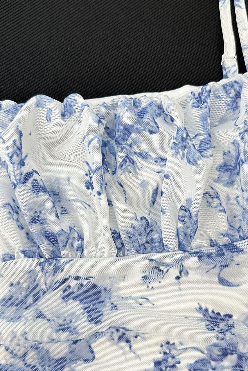 Blue Floral Ruched Strap Dress - Image 3